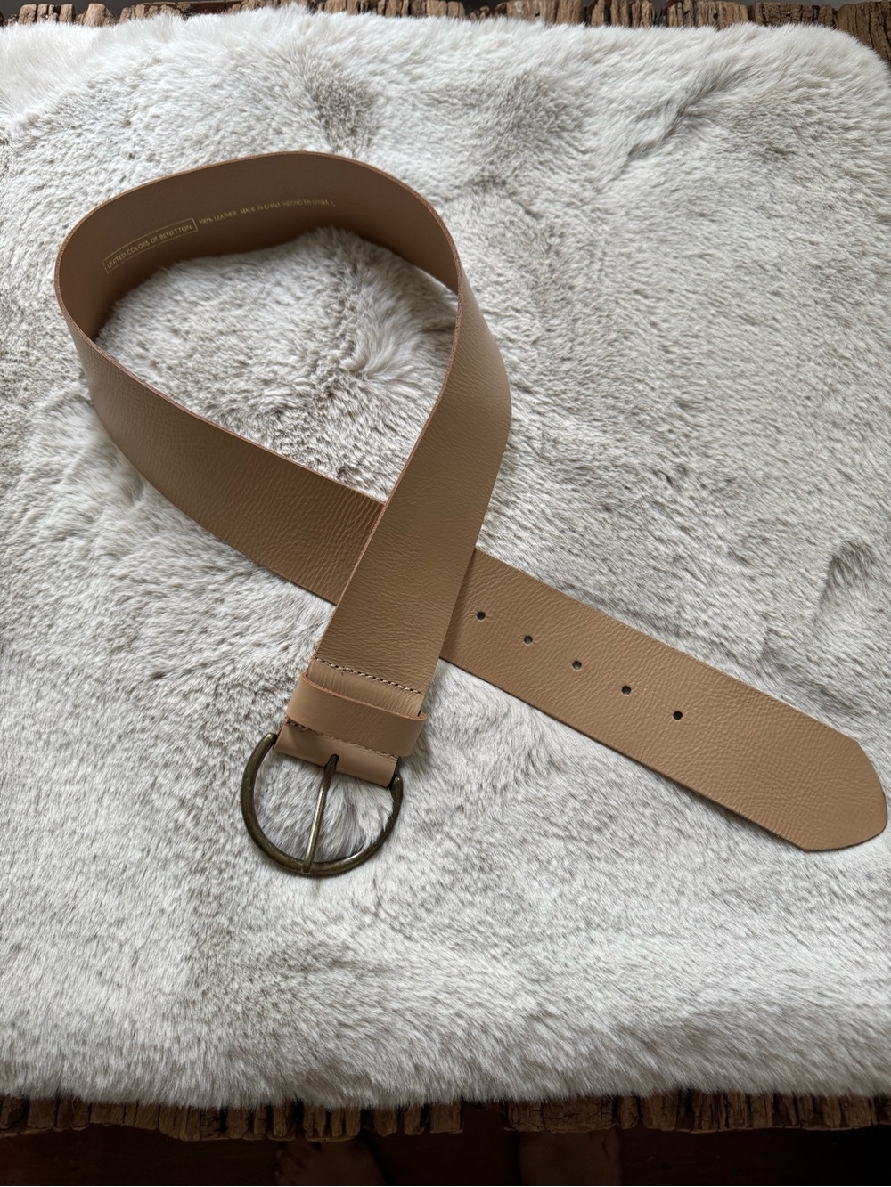 Wide Nude Leather Waist Belt with Round Brass Buckle